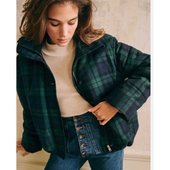 Sezane Jackets & Blazers - Sezane Java Puffer Navy Green Plaid Wool Blend Size 34FR US Small 2/4